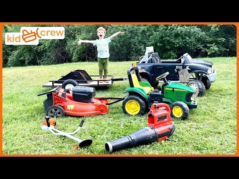 Mowing lawn with kids ride on toy trucks, tractor, trailer. Educational how a mower works | Kid Crew