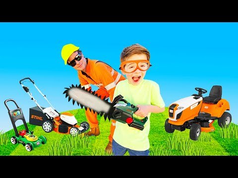 Truck Tow Trailer with Ride on lawn mower | helicopter rescue blippi toys | min min playtime
