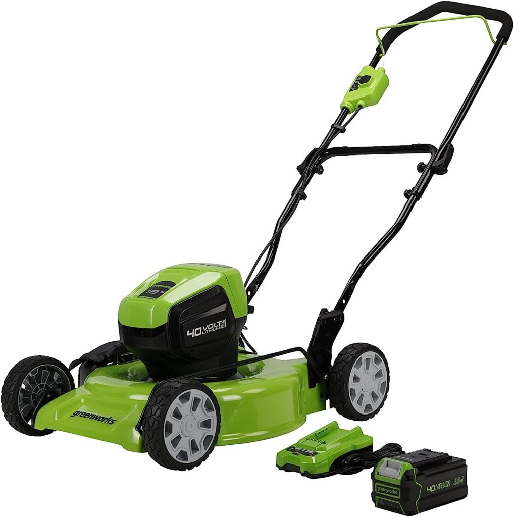 Greenworks 40V 19 Brushless (2-In-1) Lawn Mower, 4Ah USB (Power Bank) Battery and Charger Included MO40L414