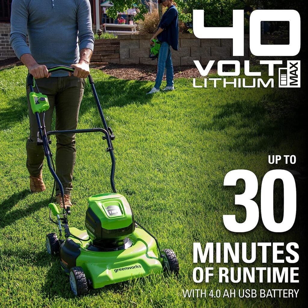 Greenworks 40V 19 Brushless (2-In-1) Lawn Mower, 4Ah USB (Power Bank) Battery and Charger Included MO40L414